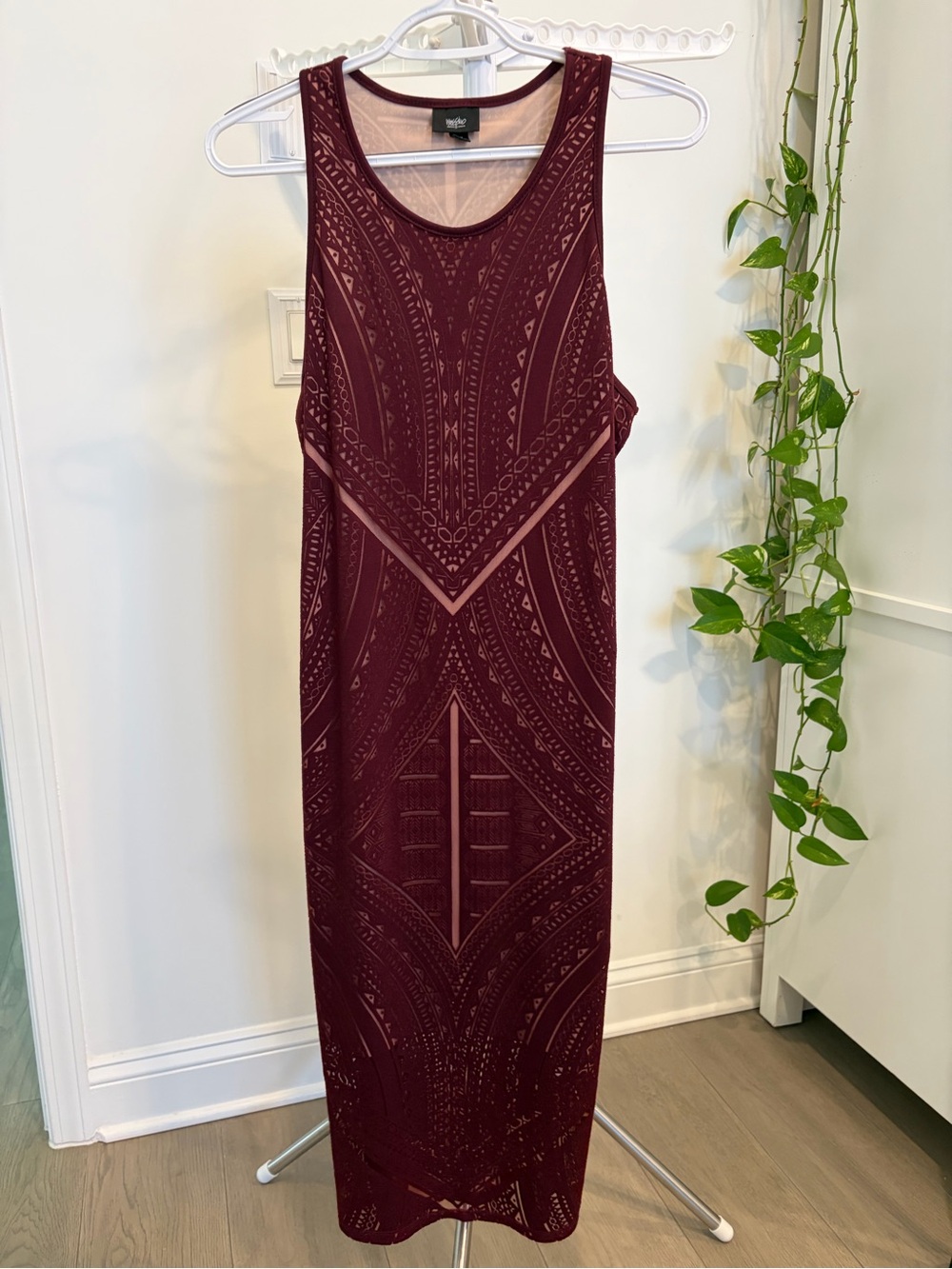 Wildfox Burgundy Sleeveless Maxi Dress with Geometric Cutouts